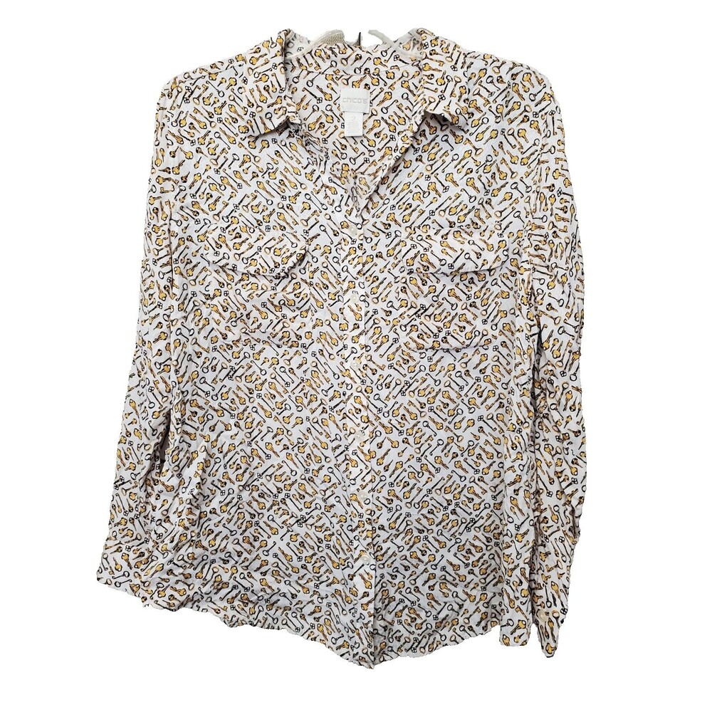 Chico's Silky Viscose Key Novelty Print Long Sleeve Button-Up Shirt Size 2 Large